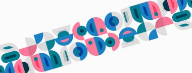 Soyut geometrik şekiller çakışıyor, renkli desenler yaratıyor. Minimalist tasarım daireler, dikdörtgenler, çizgiler içerir. Modern estetik.