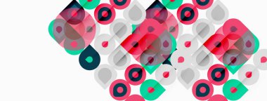 Soyut geometrik desen. Çemberler, kareler örtüşüyor ve canlı görsel doku oluşturuyor. Pembe, deniz mavisi, gri baskın kompozisyon. Modern tasarım ögesi.