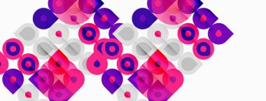 Soyut desenler üst üste binen daireler, değişik tonlar pembe, mor. Beyaz arkaplan görsel karşıtlık yaratır, modern estetik.