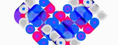 Soyut kompozisyon. Renkli daireler kalp şeklini oluşturur. Modern tasarım, canlı renkler, geometrik desen, dijital sanat.