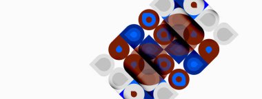 Soyut şablon tekrarlayan kareler içerir. Renkler kırmızı, mavi, beyaz, gri. Şekiller görsel doku oluşturur. Minimalist tasarım.