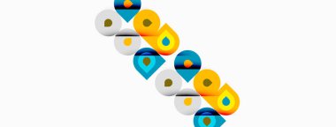 Renkli geometrik şekiller soyut desenler oluşturur. Çemberler, kareler, üçgenler eğlenceli görsel efektler yaratır. Parlak renkler kompozisyona hakim.