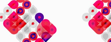 Soyut geometrik desen. Çemberler, kareler örtüşüyor ve canlı bir görsel etki yaratıyor. Pembe, mor renkler beyaz arkaplana hakim. Modern tasarım.