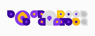 Soyut geometrik şekiller, mor, sarı renkler. Daireler, spiraller, dikdörtgenler eğlenceli bir kompozisyon oluşturur. Minimalist tasarım, modern estetik.