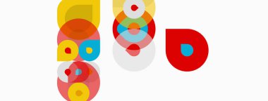 Soyut renkli daireler çakışıyor, dinamik görsel kompozisyon oluşturuyor. Beyaz arka planda parlak renklerin karşıtlığı. Modern tasarım.