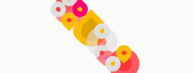 Renkli çakışan daireler soyut metin oluşturur. Parlak renkler neşeli, modern tasarım yaratır. Minimalist estetik, basit şekiller.