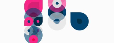 Üst üste binen daireler içeren soyut kompozisyon. Pembe, mavi, gri renkler katmanlı görsel efekt yaratır. Minimalist tasarım, temiz estetik.