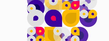 Soyut daireler, canlı renkler, neşeli kompozisyon. Sarı, mor, kırmızı, beyaz şekiller dinamik görsel doku oluşturur.