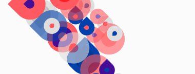 Üst üste binen daireler içeren soyut kompozisyon. Pembe, mavi, mor renkler dinamik görsel doku yaratır. Modern tasarım, basit şekiller..