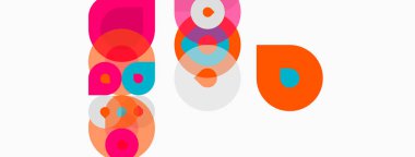 Soyut renkli daireler çakışıyor ve dinamik bileşim oluşturuyor. Beyaz arka planda parlak renklerin karşıtlığı. Modern tasarım elemanları.