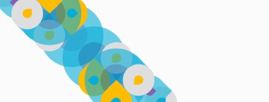 Soyut daireler örtüşüyor, canlı renk kalıpları yaratıyor. Beyaz alan kompozisyona hükmediyor, temiz estetik sunuyor. Modern tasarım ögesi.