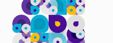 Soyut daireler çakışıyor, canlı desenler yaratıyor. Mor, mavi, sarı renkler kompozisyona hakim. Modern tasarım ögesi.