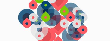 Soyut kompozisyon. Üst üste binen daireler, değişik boyutlar, renkler. Minimalist tasarım, temiz arka plan, modern estetik. Şekiller dinamik görsel doku oluşturur.