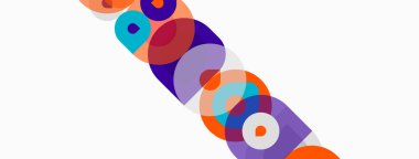 Soyut renkli çemberler çaprazlama kesişiyor. Şekiller farklı boyutlarda, renkler dinamik görsel desen oluşturuyor. Temiz tasarım, basit kompozisyon.