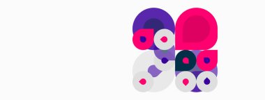 Üst üste binen daireler içeren soyut kompozisyon. Çeşitli tonlar mor, pembe, beyaz dinamik görsel doku yaratır. Basit geometrik biçimler tasarıma hükmediyor.