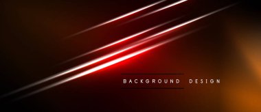 Koyu arkaplanda parlak kırmızı çizgiler var. Gradyan etkisi dinamik görsel etki yaratır. Metin elemanları mevcut olan minimalist tasarım.