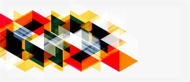 Soyut geometrik tasarım. Renkli üçgenler üst üste biniyor, beyaz arkaplanda dinamik desenler oluşturuyor. Modern, canlı kompozisyon.