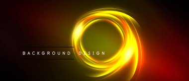 Parlak sarı neon girdaplar koyu arkaplana hükmediyor. Metin arka plan tasarımı okur. Soyut ışık efekti dinamik görsel etki yaratır.