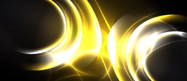 Parlak sarı enerji akışları, dönen şekiller dinamik soyut tasarım yaratır. Işık merkez noktadan yayılır, koyu arkaplanla çelişir.