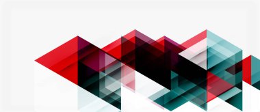 Soyut geometrik şekiller örtüşür, dinamik görsel doku oluşturur. Kırmızı, deniz mavisi, siyah renkler beyaz arkaplana hükmediyor. Modern tasarım.