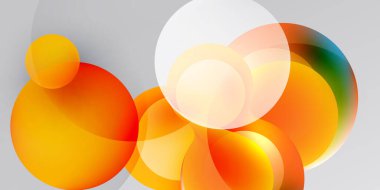 Üst üste binen daireler içeren soyut kompozisyon. Sıcak turuncu renkler baskın gelir, daha açık tonlarda harmanlanır. Gri arkaplanda minimalist tasarım.