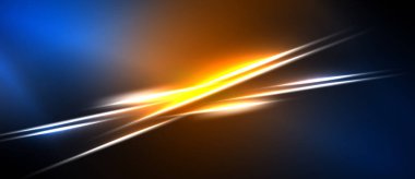 Soyut enerji çizgileri, parlak mavi, turuncu renkler. Dinamik bileşim, parlayan çizgiler yoğun görsel etki yaratır. Modern dijital sanat.