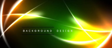 Parlak neon çizgileri soyut arkaplan oluşturur. Canlı yeşil, sarı, turuncu renkler kusursuz bir şekilde harmanlanır. Dijital projeler için modern tasarım ögesi.