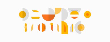 Soyut geometrik şekiller, sıcak renkler kompozisyona hakim. Minimalist tasarım, oyuncu düzenleme, modern estetik.