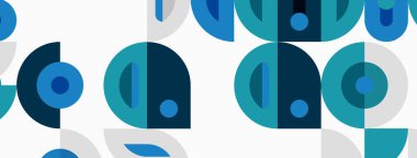 Soyut desenler üst üste binen daireler, yarı daireler. Mavi, deniz mavisi, gri renkler modern estetik yaratıyor. Basit şekiller sorunsuzca tekrarlanır.