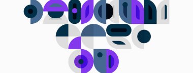 Soyut geometrik şekiller, mor, gri, beyaz. Kompozisyonda üst üste binen daireler, dikdörtgenler, kıvrımlar var. Modern tasarım, minimalist estetik.