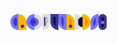 Soyut geometrik şekiller kelime kordovası oluşturur. Mor, mavi, sarı renkler tasarımda baskın. Minimalist tarz, temiz çizgiler modern estetik sunar.