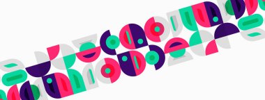 Soyut geometrik şekiller köşegen olarak tekrarlanır. Canlı renkler arasında mor, deniz mavisi, pembe, siyah, beyaz vardır. Minimalist tasarım, modern estetik.