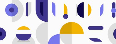 Soyut geometrik şekiller, daireler, dikdörtgenler, çizgiler. Mavi, gri, sarı renkler modern tasarım yaratır. Minimalist kompozisyon.