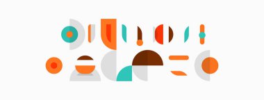 Soyut geometrik şekiller, sessiz renkler, minimalist tasarım. Kompozisyonda daireler, dikdörtgenler, çizgiler, kıvrımlar var. Modern estetik.