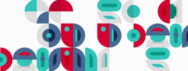 Soyut geometrik şekiller çakışıyor, renkli desenler yaratıyor. Çemberler, ovaller, yarım daireler kompozisyona hakim. Minimalist tasarım, modern estetik.