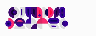 Soyut geometrik şekiller, mor, pembe renkler. Minimalist tasarım beyaz arka planda. Modern, eğlenceli kompozisyon.