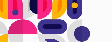 Soyut geometrik şekiller örtüşür, canlı renkli desenler yaratır. Neşeli şekilli minimalist tasarım, modern estetik.