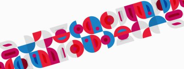 Soyut geometrik şekiller, canlı renkler, tekrarlayan desenler. Kırmızı, mavi, pembe elementler dinamik görsel doku oluşturur.