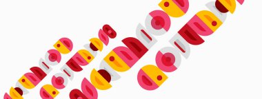 Soyut desen renkli daireler, dikdörtgenler içerir. Şekiller örtüşür ve dinamik görsel doku yaratır. Modern tasarım ögesi.