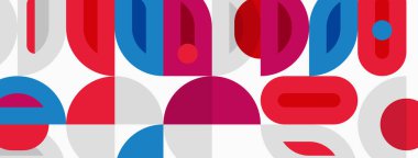 Soyut geometrik desen. Şekiller örtüşüyor, canlı bir görsel ritim yaratıyor. Kırmızı, mavi, pembe baskın kompozisyon. Modern tasarım ögesi.