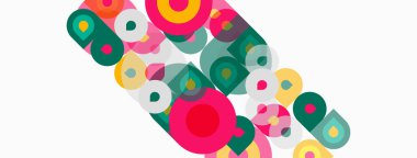 Soyut renkli daireler, kareler, şekiller örtüşüyor. Parlak renkler dinamik görsel desen yaratır. Minimalist tasarım, modern estetik.