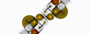 Soyut geometrik şekiller, daireler, kareler, çizgiler modern tasarım yaratır. Sıcak renkler beyaz arkaplana hükmediyor. Minimalist estetik.