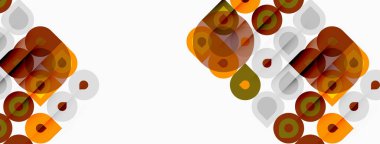 Soyut geometrik desen. Çemberler, kareler retro estetik yaratarak örtüşüyor. Sıcak renkler tasarıma hakim, basit arkaplan.