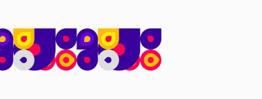 Yatay olarak dizilmiş renkli geometrik şekiller. Daireler, kareler, dikdörtgenler eğlenceli desenler oluşturur. Parlak renkler tasarıma hakim..