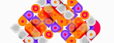 Soyut geometrik desen. Üst üste binen daireler, kareler, dikdörtgenler renkli kompozisyon oluşturur. Parlak renkler tasarıma hakim..