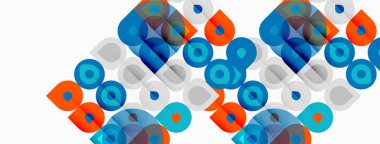 Soyut geometrik desen. Üst üste binen daireler, kareler dinamik görsel doku oluşturur. Mavi, turuncu renkler kompozisyona hakim..