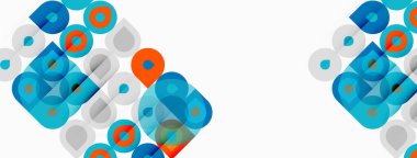 Soyut geometrik desen. Daireler, kareler, dikdörtgenler örtüşüyor ve canlı bir görsel doku oluşturuyor. Mavi, turuncu renkler dizaynın hakimi.