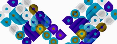 Soyut geometrik desen. Üst üste binen daireler dinamik görsel doku yaratır. Mavi, mor, altın rengi kompozisyona hakim..