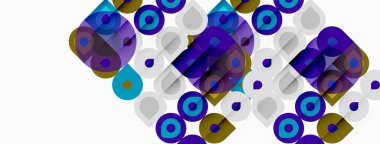 Soyut geometrik desen. Çemberler, kareler örtüşüyor ve renkli bir kompozisyon oluşturuyor. Modern tasarım ögesi, canlı renkler sunar.