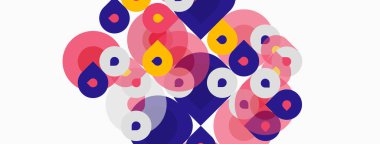 Soyut şekiller örtüşür, canlı bir bileşim yaratır. Pembe, mor, sarı renkler beyaz arkaplana hakim. Modern tasarım elemanları.